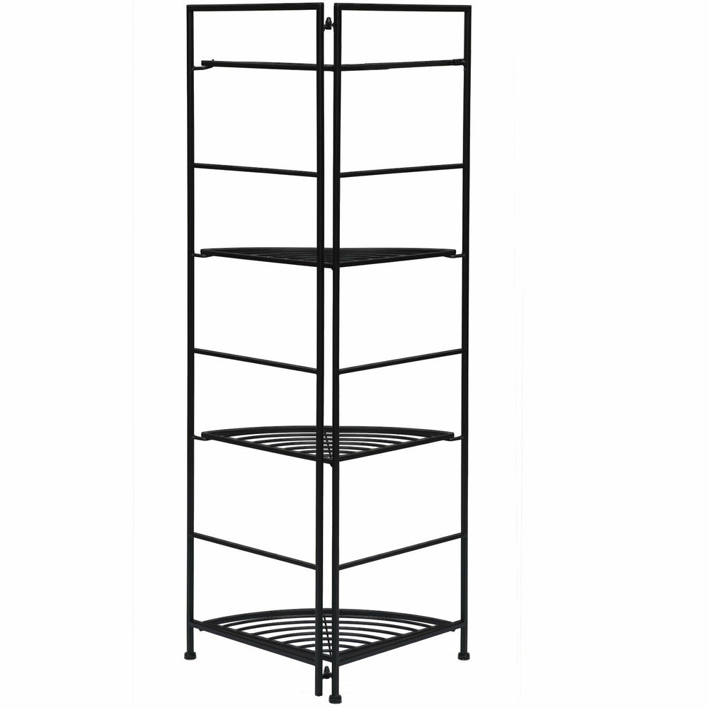 4-tier folding metal shelf plant stand in black, featuring a sturdy design for corner display and ample storage space.