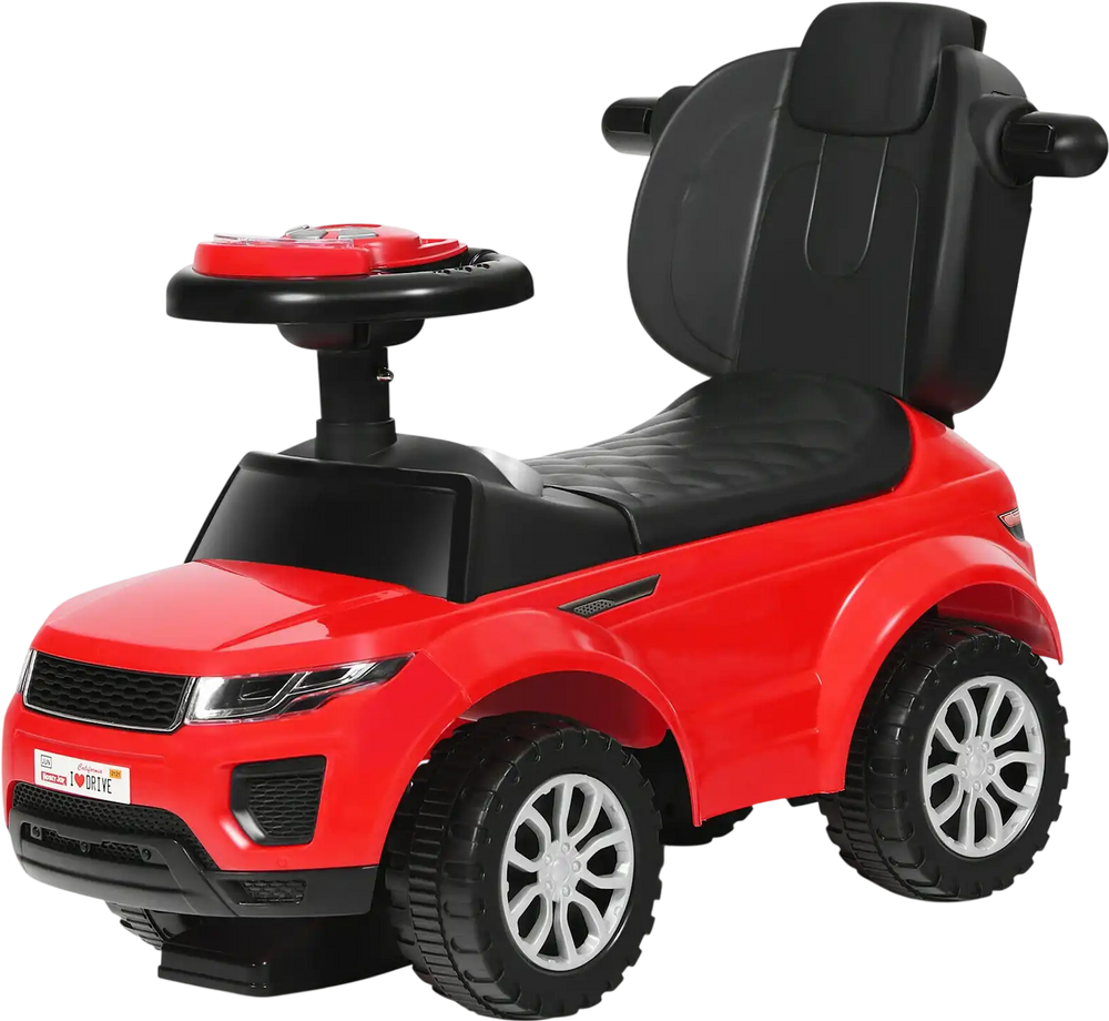 Red 3-in-1 ride-on push car for toddlers with ergonomic seat, music, and storage, ideal for children aged 12-36 months.