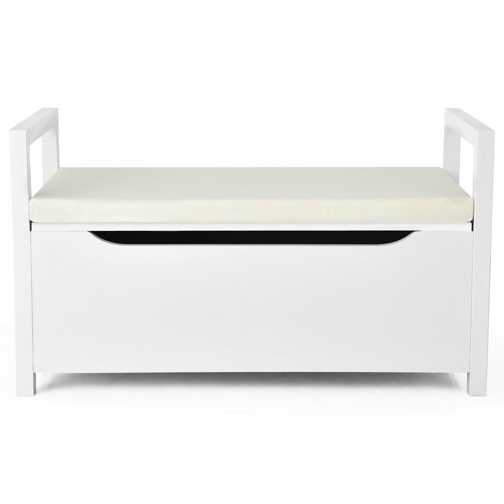 Shoe storage bench with removable cushion seat, white MDF construction, ideal for entryway organization.