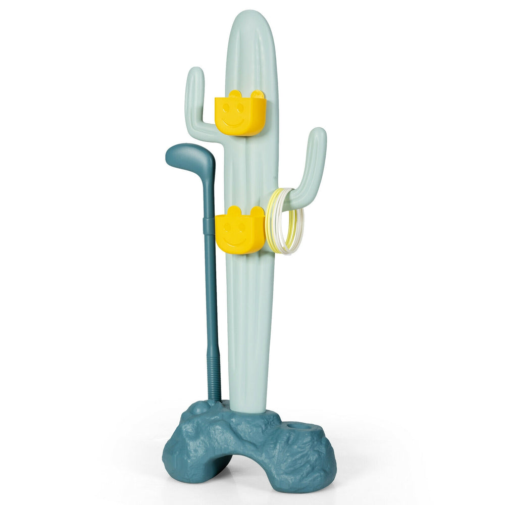 3-in-1 cactus toy stand featuring golf, ring-toss, and sandbag-toss games, designed for kids' fun and skill development.