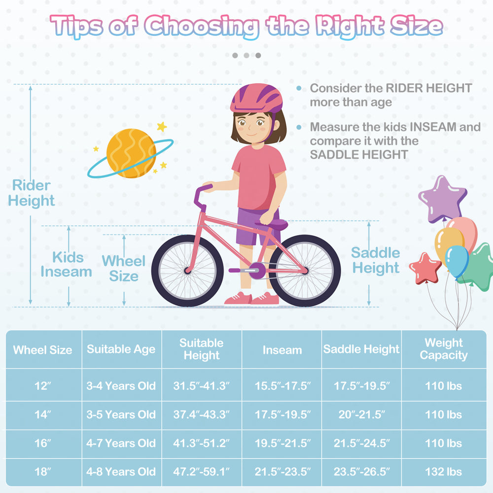Kids bike with 12-inch wheels in a Princess of the Sea theme, featuring adjustable seat, basket, and streamers for fun.