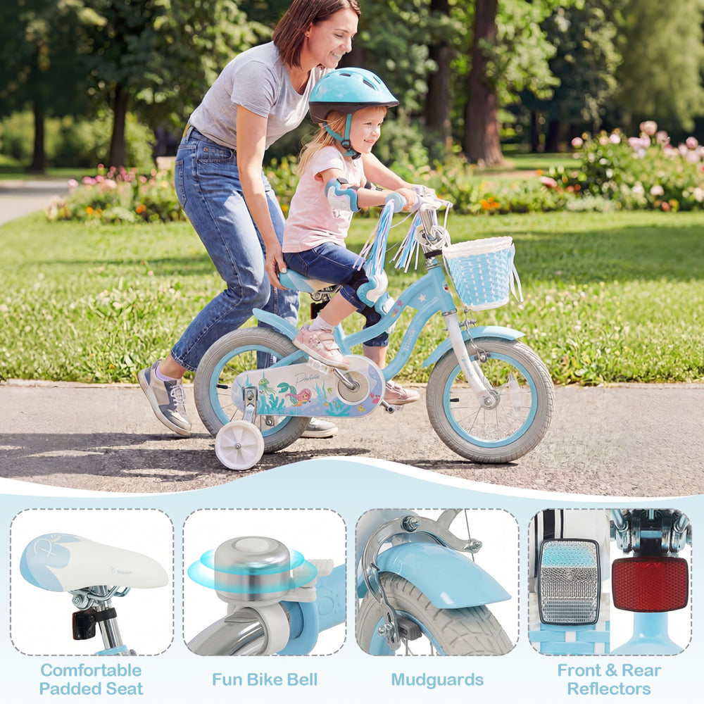 Kids bike with adjustable seat, blue mermaid theme, removable training wheels, and front basket for fun rides.