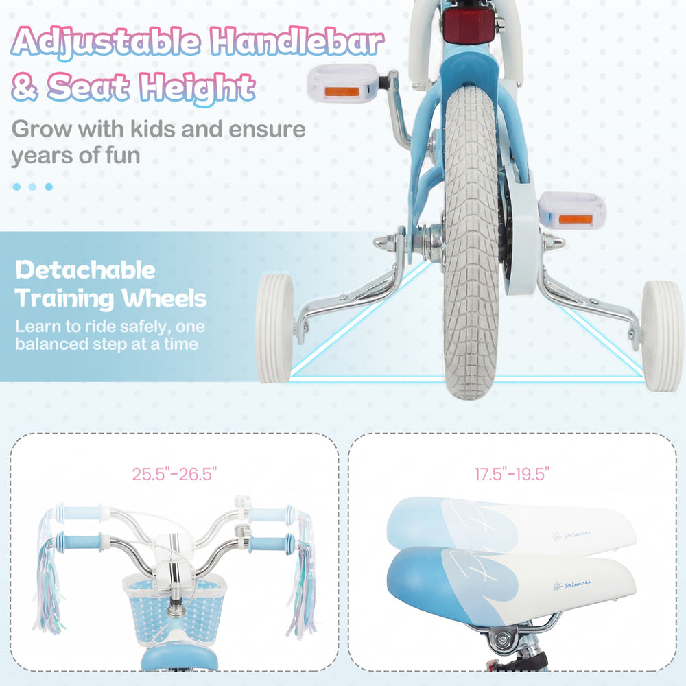 Kids bike with adjustable seat and handlebars, featuring a blue mermaid theme, training wheels, and a front basket.
