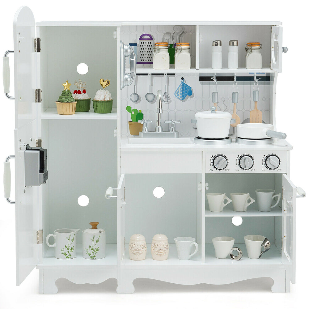White kitchen pretend play cookware set for kids featuring a water dispenser, removable sink, and stylish design.