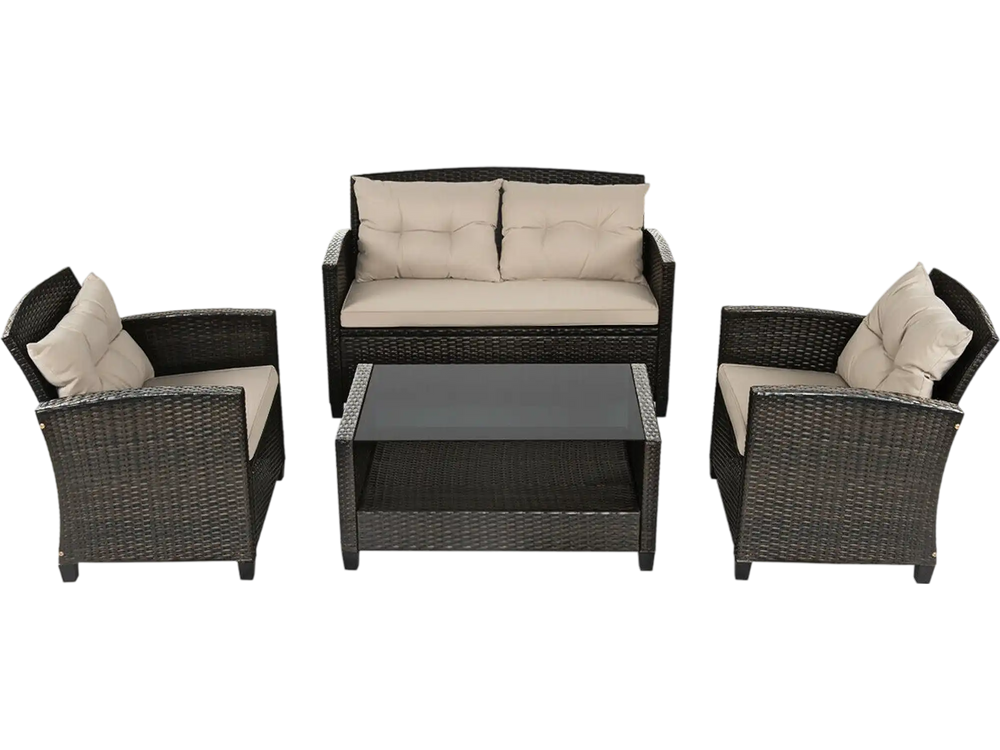 4 Pieces Outdoor Rattan Furniture Set with Glass Table
