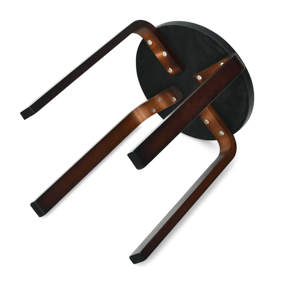 Bentwood round stool with padded seat, black finish, stackable design, ideal for space-saving dining solutions.