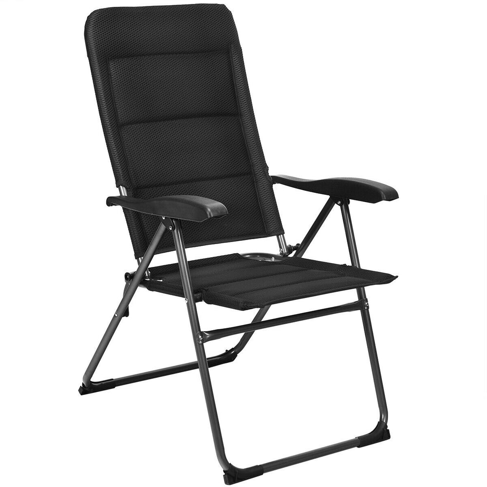 Black folding patio chair with adjustable backrest, made of steel and oxford fabric, ideal for outdoor relaxation.