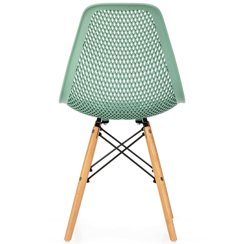 Green plastic hollow chair with beech wood legs, featuring a mesh design for breathability and ergonomic support.