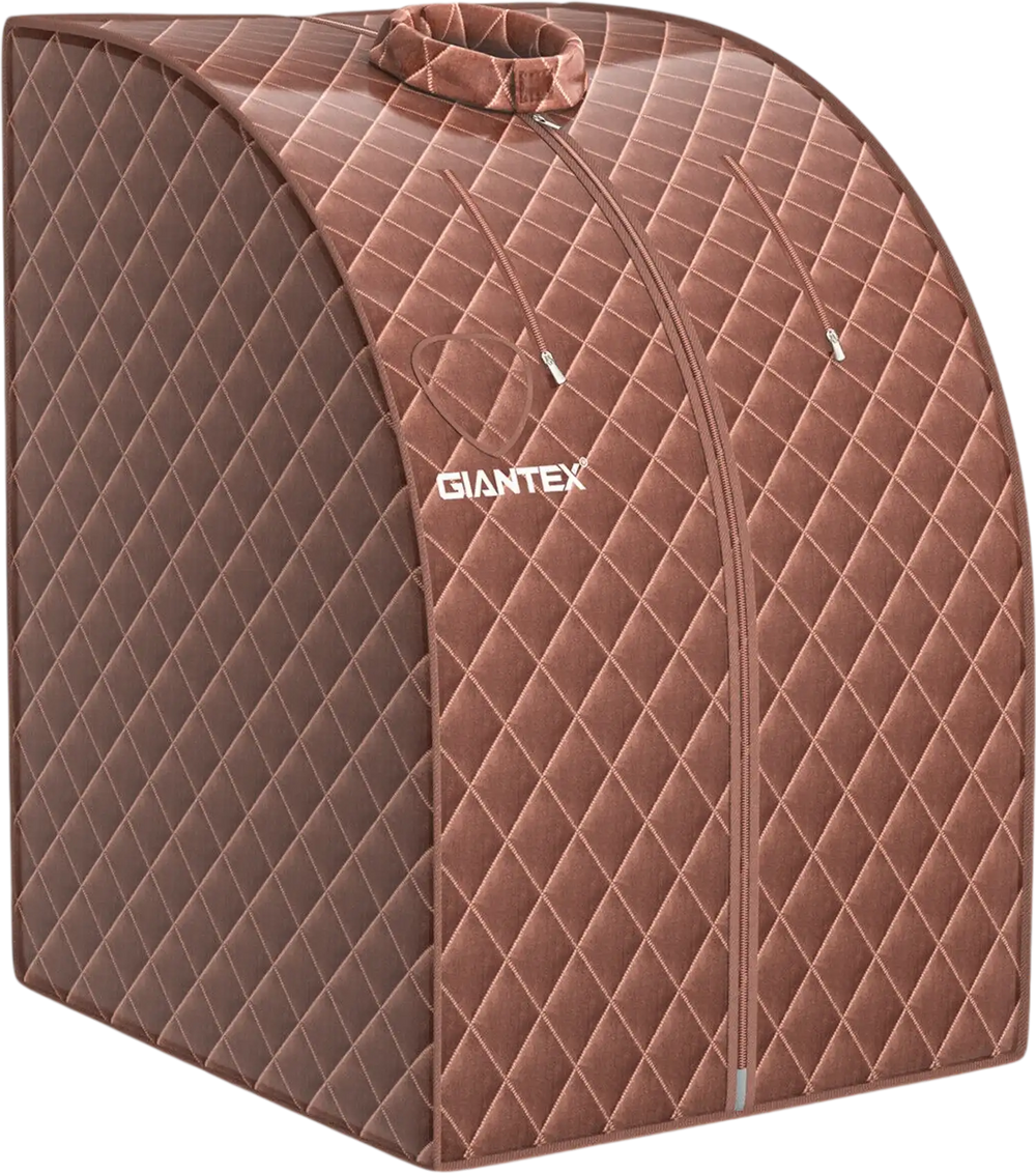 Portable personal steam sauna tent in coffee color with waterproof fabric and detachable frame for easy use at home.