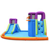 Colorful 6-in-1 inflatable dual water slide bounce house with climbing wall and water sprayers for summer fun.