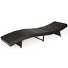 Curved patio folding adjustable rattan chaise lounge chair with turquoise cushion, perfect for garden or poolside.
