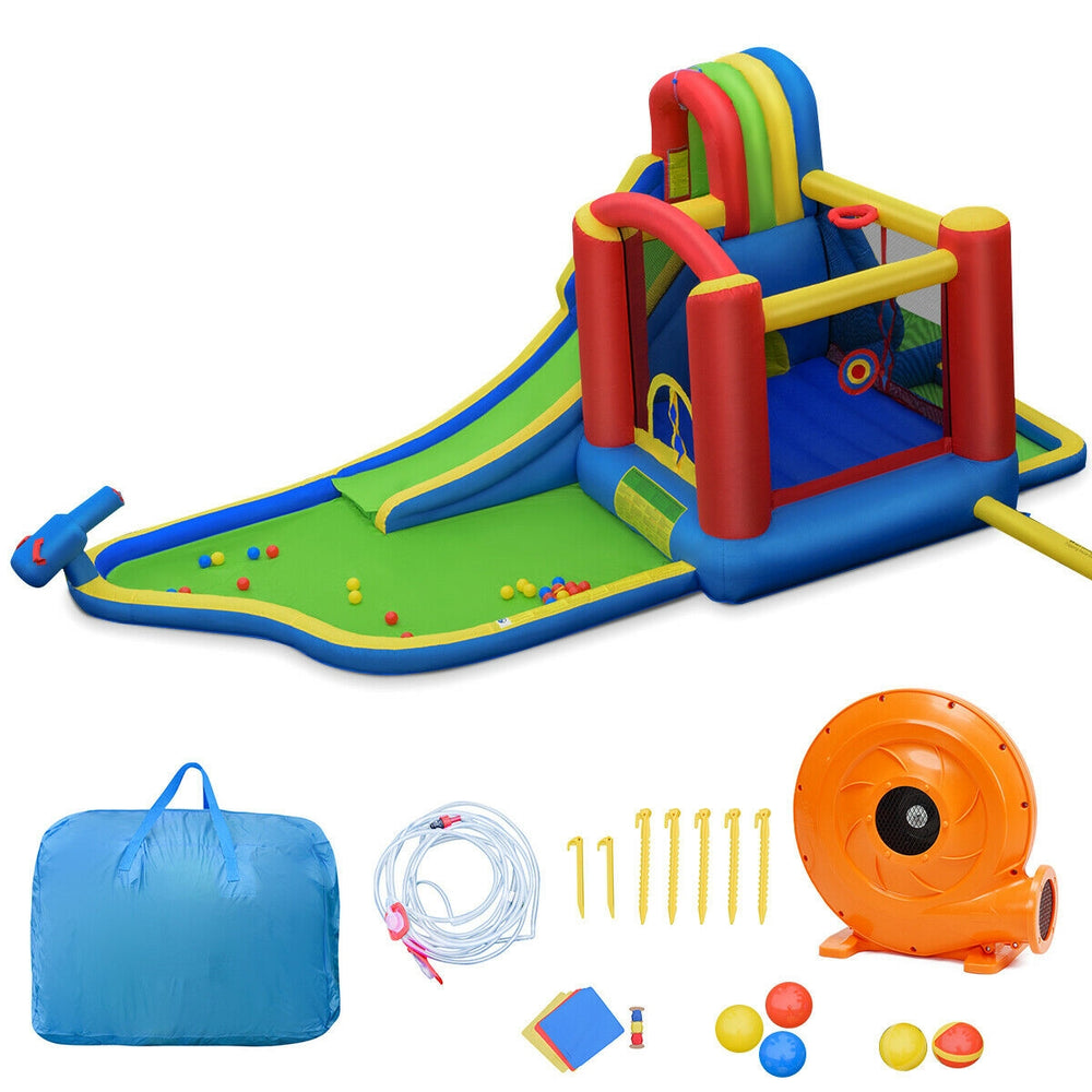 Inflatable bounce house featuring a climbing wall and curved slide, made of durable 420D oxford fabric for safe outdoor.