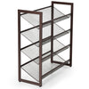 4-tier metal shoe rack featuring a sturdy frame and breathable mesh shelves, designed for compact storage in narrow.