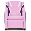 Kids leather recliner chair in pink and purple with adjustable backrest, side pockets, and ergonomic design for comfort.