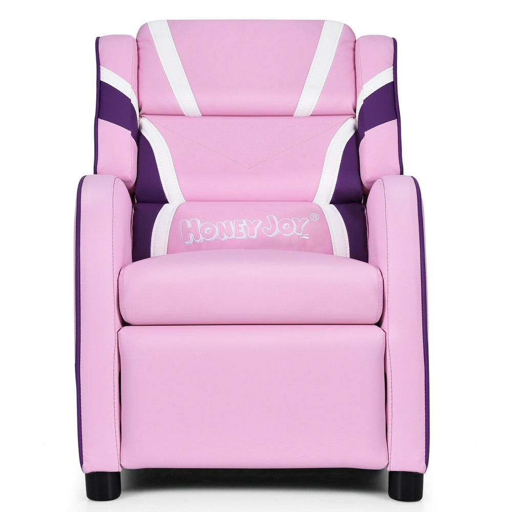 Kids leather recliner chair in pink and purple with adjustable backrest, side pockets, and ergonomic design for comfort.