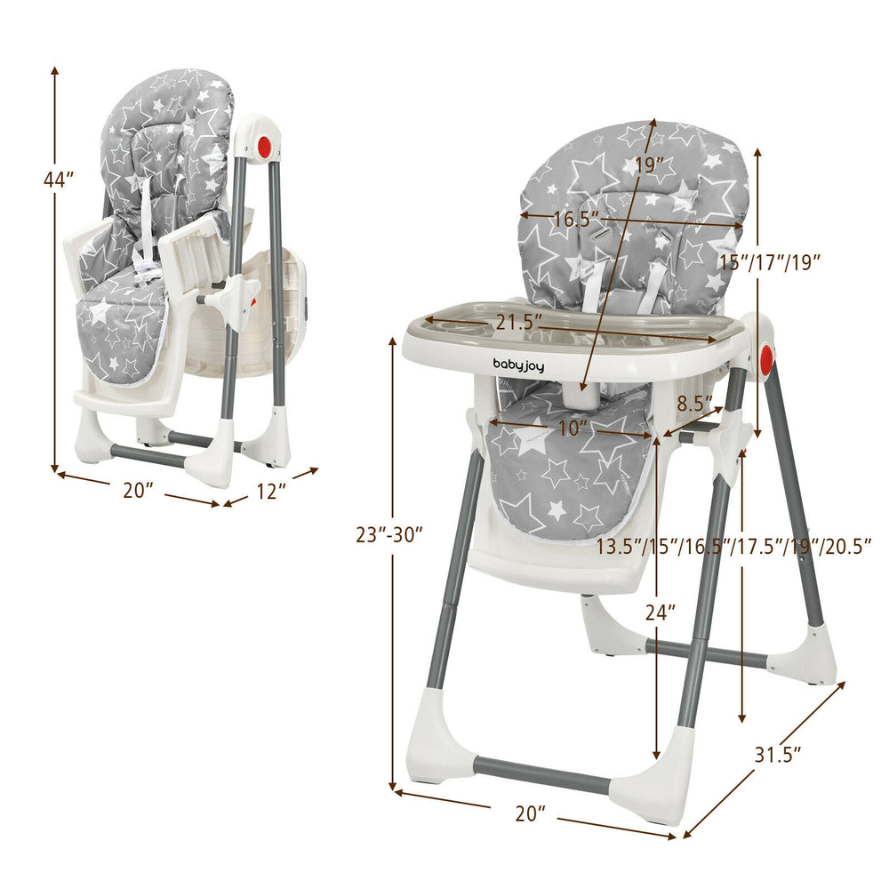 Folding baby high dining chair in gray with 6 height adjustments and detachable tray, ideal for feeding and interaction.