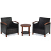 Patio rattan furniture set featuring two chairs with thick cushions and a round acacia wood coffee table for outdoor.