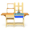Kid's outdoor wooden pretend cook kitchen playset with natural fir wood, blue basin, and open shelves for imaginative.