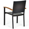 Stackable outdoor patio chair with PE rattan weaving and acacia wood armrests, ideal for backyard or poolside use.