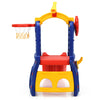 Freestanding kids slide with basketball hoop and ring toss, made of non-toxic HDPE, perfect for indoor and outdoor play.