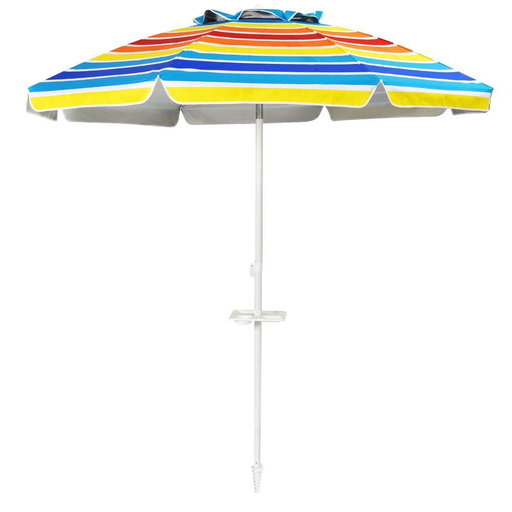 Multicolor 7.2ft portable beach umbrella with tilt mechanism and sand anchor for optimal shade at the beach or patio.
