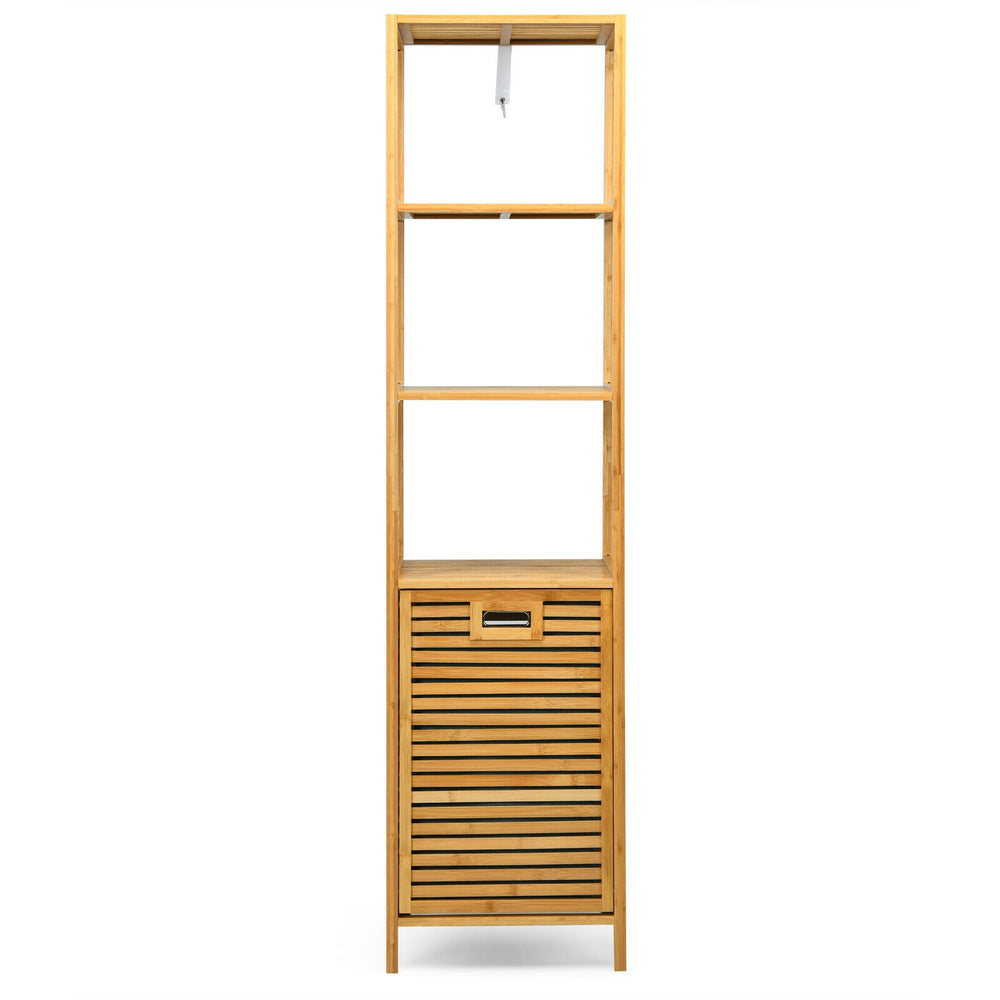 Bamboo tower hamper organizer with sleek lines and a natural finish, designed for efficient laundry and household.