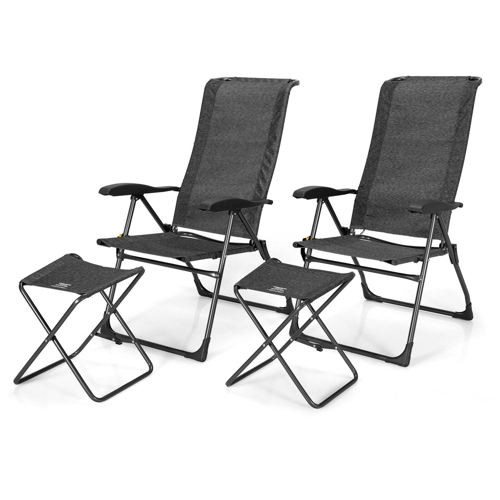 Adjustable gray patio chairs with matching ottoman, featuring a foldable design for easy storage and transport.