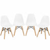 Set of four mini-sized white DSW dining chairs for kids with sturdy beech legs, perfect for playrooms and nurseries.