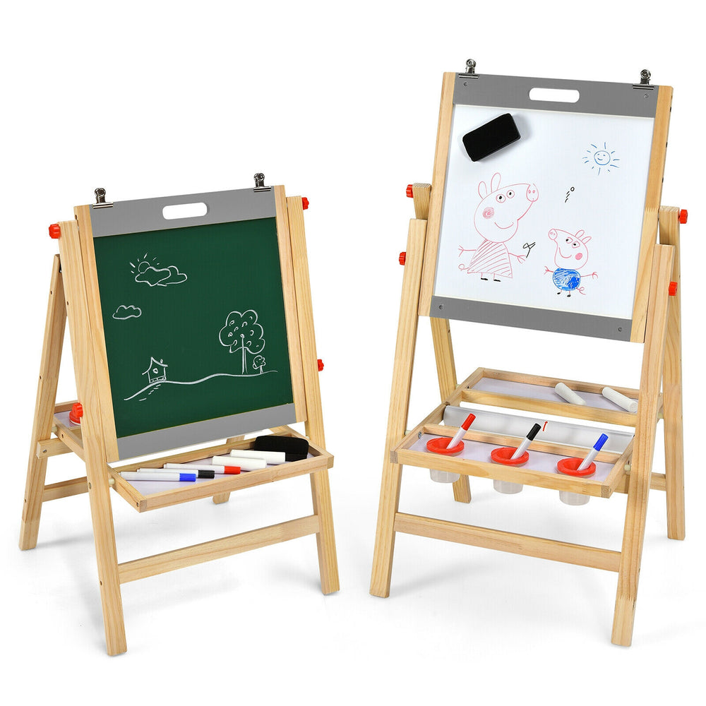 Kids art easel featuring a double-sided chalkboard and whiteboard, adjustable height, and foldable design for easy.