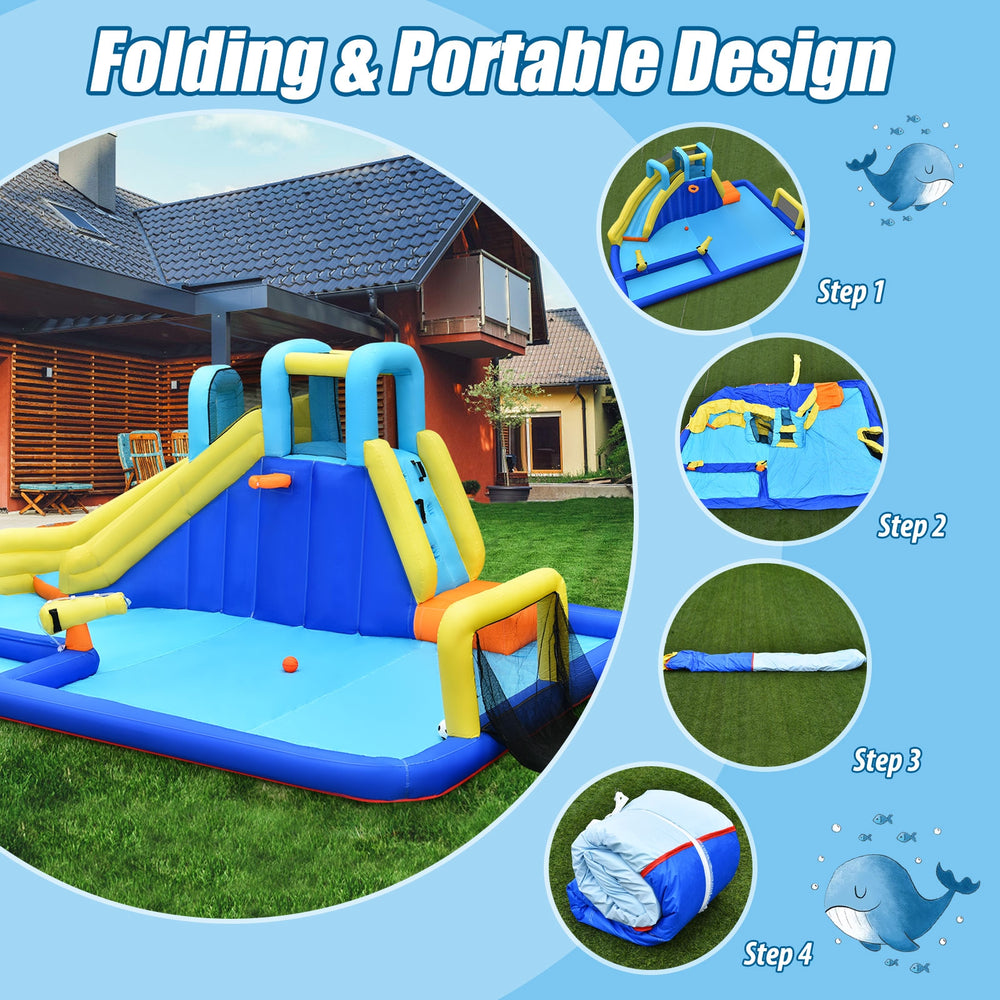 6-in-1 inflatable water slide jumping house with portable design, featuring bright colors and water sprinkle function.