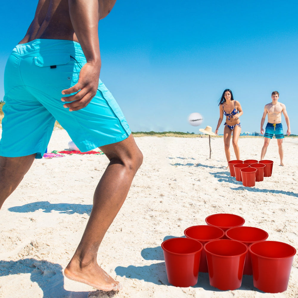 Giant Yard Pong game set with 12 red buckets and two PVC balls, perfect for beach parties and outdoor fun.