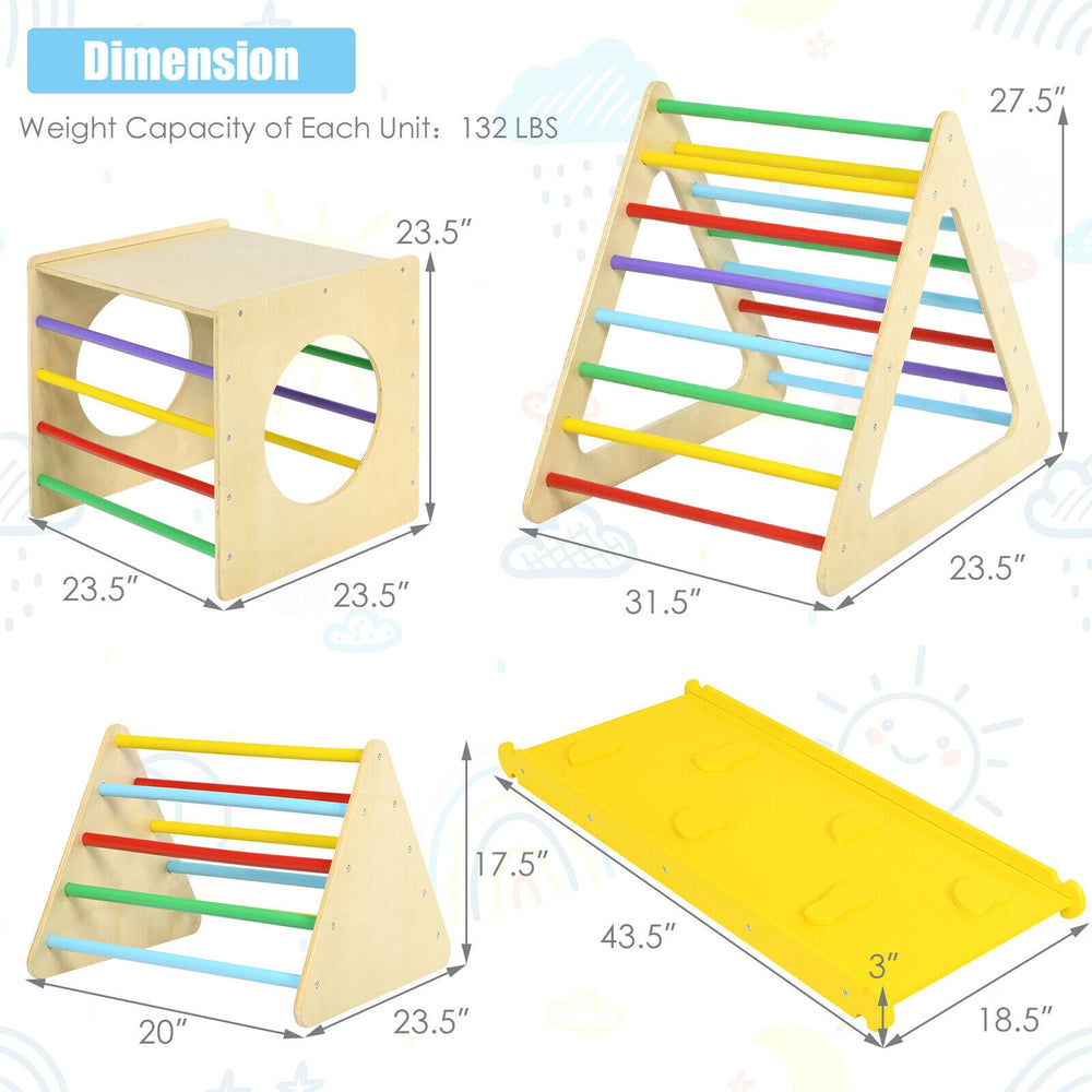 Kids triangle climber play gym set with dimensions, featuring sturdy wood, colorful ramps, and multifunctional design.