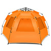 Orange 3-4 person pop-up beach tent with UPF 50+ sun protection and large front porch for family relaxation.