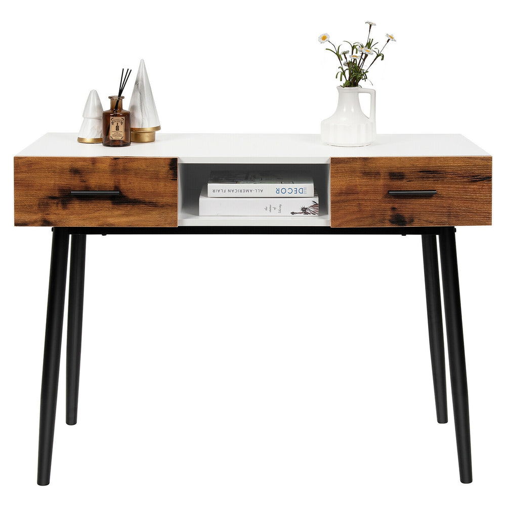 42-inch industrial console table with two drawers, made of MDF and metal, ideal for entryway or hallway storage.