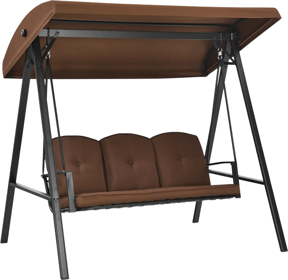 Close-up view of the coffee cushions on a 3-seat outdoor porch swing with adjustable canopy, enhancing comfort for.