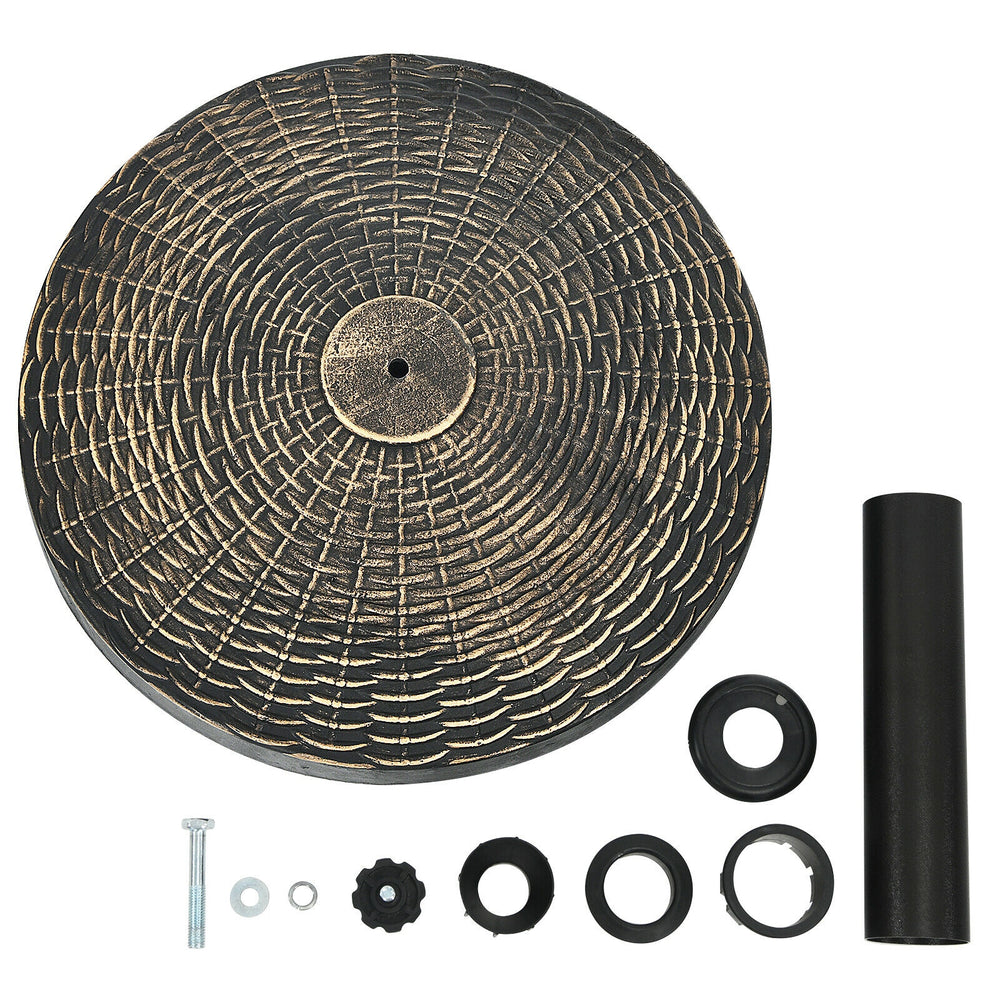 27 lbs patio market umbrella base stand with rattan design, durable resin, and anti-rust steel tube for stability.