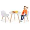 Kids activity play table with two chairs, white cushions and beech legs, perfect for safe play and study.