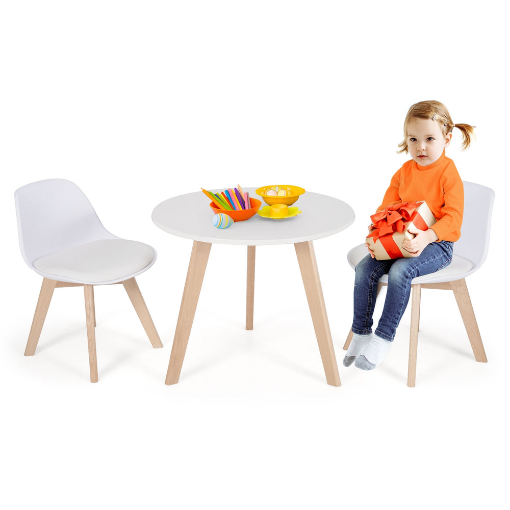 Kids activity play table with two chairs, white cushions and beech legs, perfect for safe play and study.