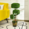 Artificial boxwood topiary tree with three square balls, 36 inches tall, in a golden planter for indoor and outdoor.
