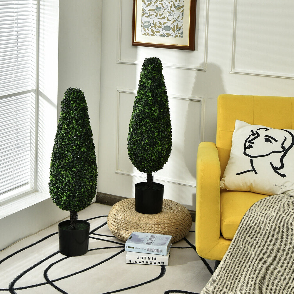 Two 3-foot artificial tower topiary trees in black pots, UV resistant for indoor or outdoor decor, enhancing any space.
