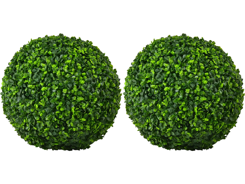 Set of two 15.7-inch artificial boxwood topiary balls made of eco-friendly PE leaves, ideal for indoor or outdoor decor.