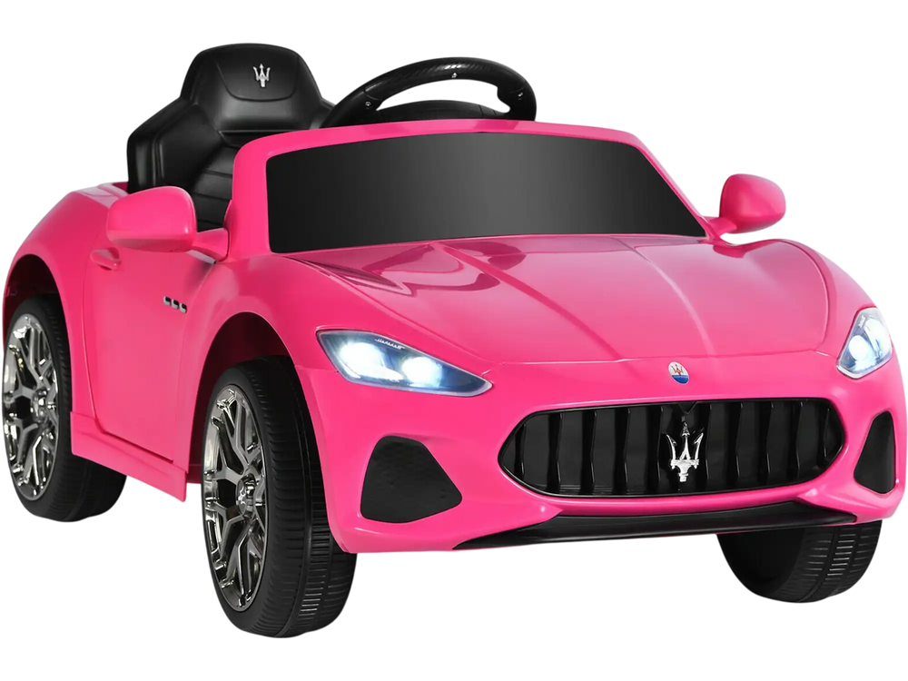 Pink 12V Maserati kids ride-on car with LED lights, remote control, and safety features for fun and secure driving.