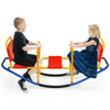Kids enjoying the red outdoor seesaw swivel teeter, featuring ergonomic seats and safety handrails for ages 3 to 8.