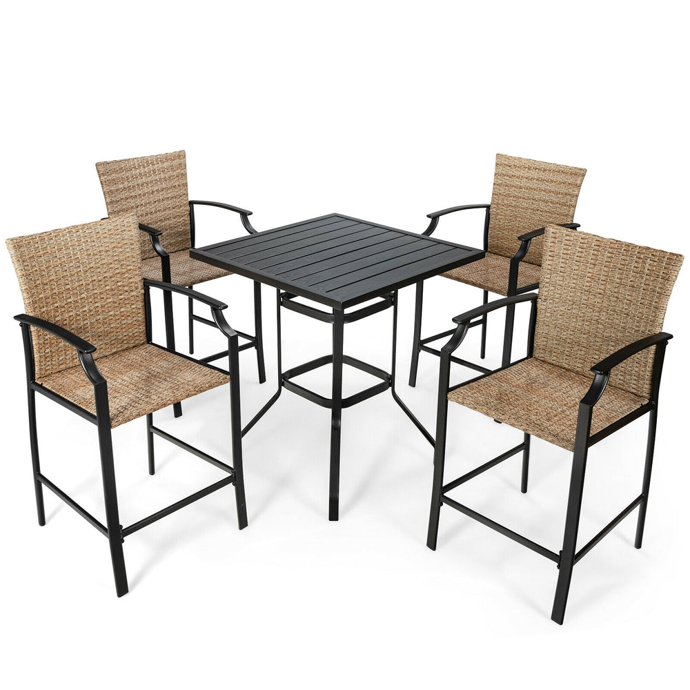 5-piece outdoor rattan bistro set with 4 bar stools and a square table, featuring weather-resistant material and.