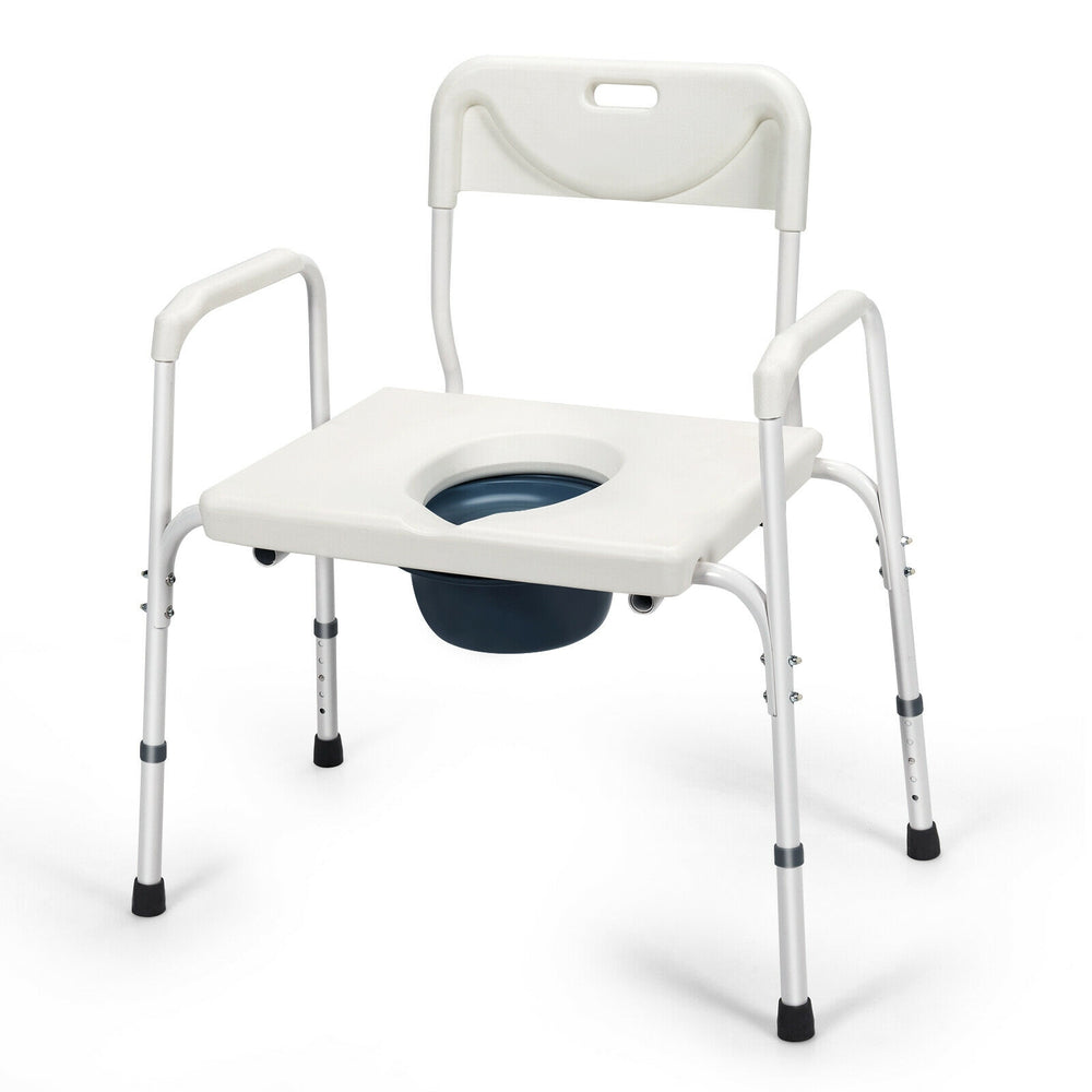 3-in-1 bedside commode with adjustable height, removable backrest, and comfortable armrests for versatile use.
