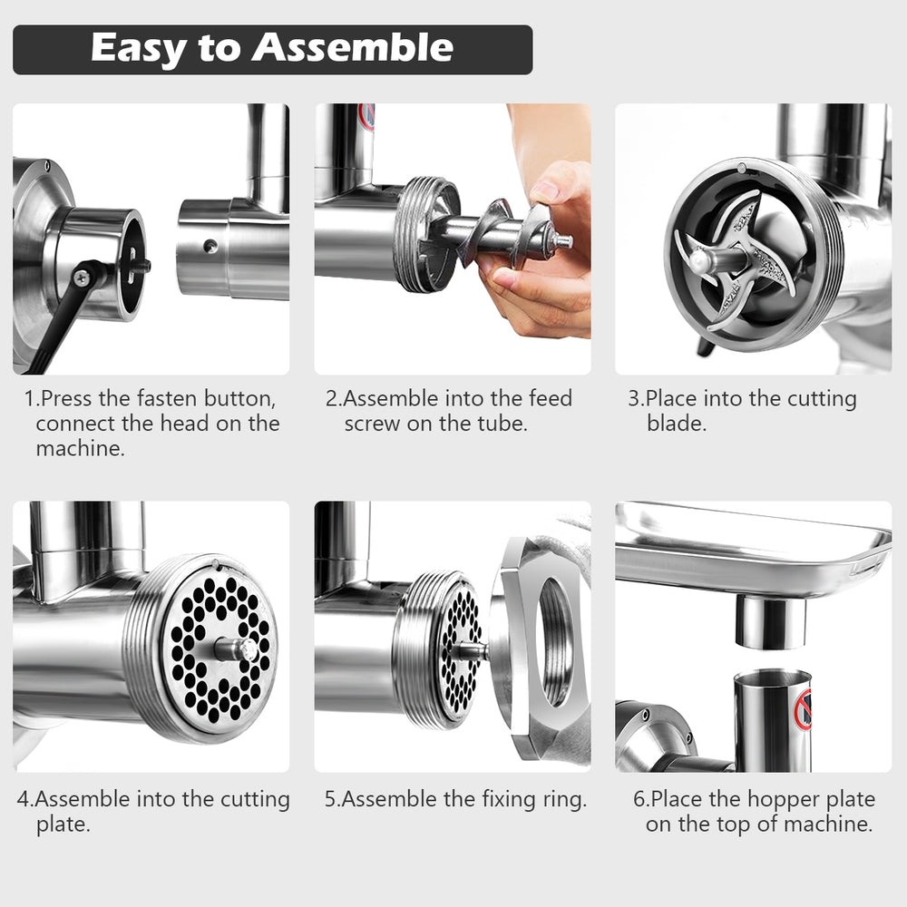 Step-by-step assembly instructions for the Heavy Duty 1.5HP Commercial Grade Meat Grinder with stainless steel.