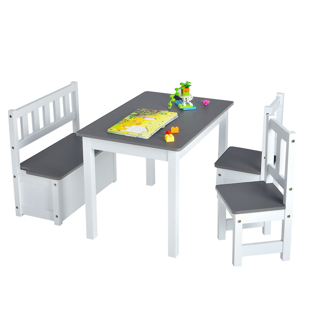 Gray kids' wooden activity chair with backrest, designed for comfort and support during play and study activities.