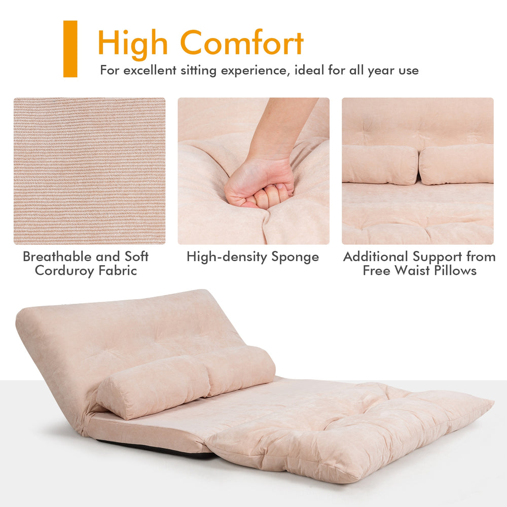 Beige 6-position adjustable sleeper lounge couch with soft corduroy fabric and two pillows, ideal for versatile use.
