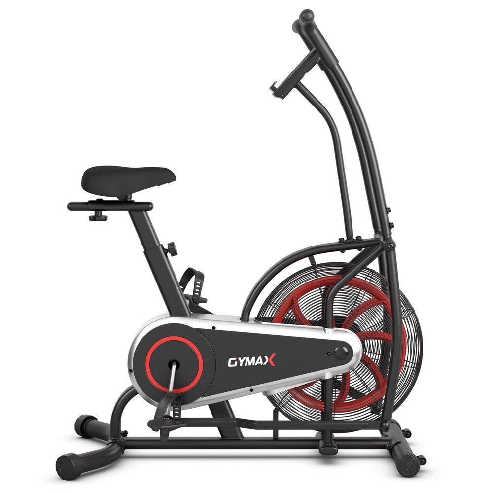 Upright air bike with unlimited resistance, featuring anti-slip pedals and adjustable seat for full body workouts.