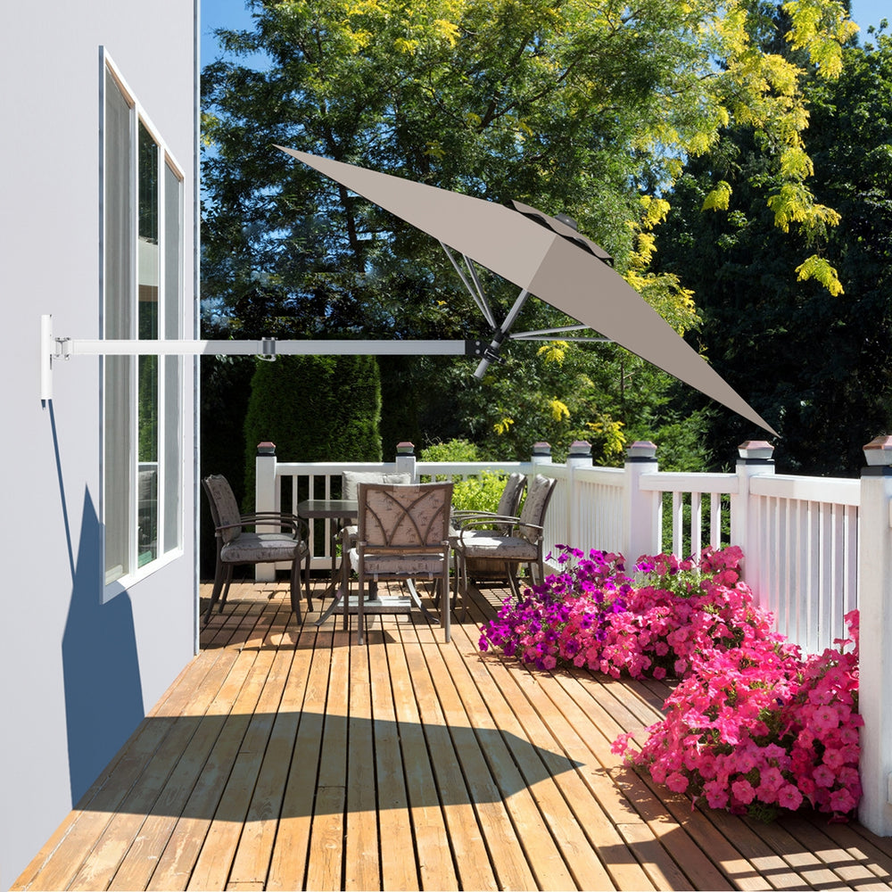 8ft Wall-Mounted Telescopic Folding Tilt Aluminum Sun Shade Umbrella-Tan - Gallery View 1 of 11